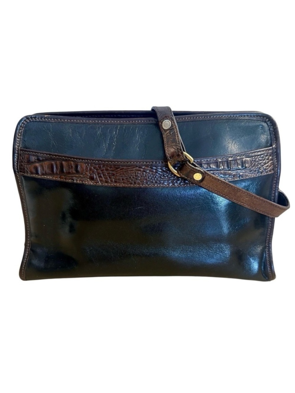 Vintage Brahmin Glossy Black Leather Croc Embossed Purse 90s Luxury Made in USA